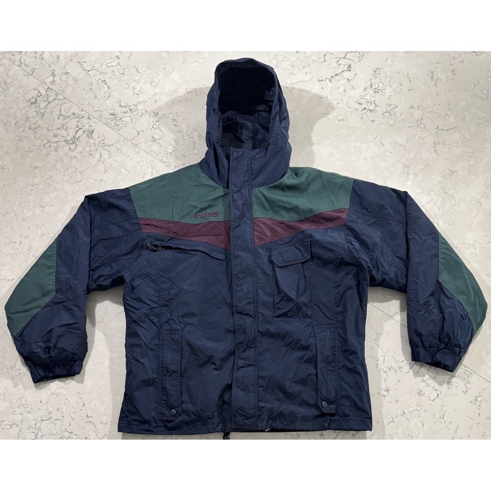 VTG 90s Columbia Fleece Lined Jacket Mens Large Navy Blue Colorblock Winter Coat